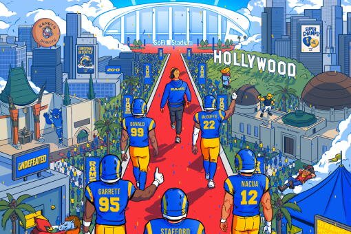 Imagen de los jugadores y el entrenador de los Rams, Sean McVay, caminando por la alfombra roja previa al Super Bowl LXI en el Sophie Stadium.