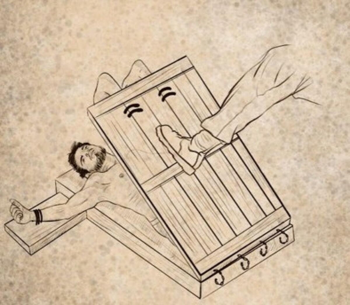 Ilustración de un hombre torturado en un dispositivo de madera con una bisagra que lo dobla en dos.