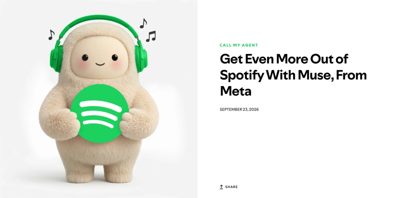 Captura de pantalla del anuncio de Spotify Muse, que muestra una mascota beige borrosa con auriculares verdes con el logotipo de Spotify junto al título 