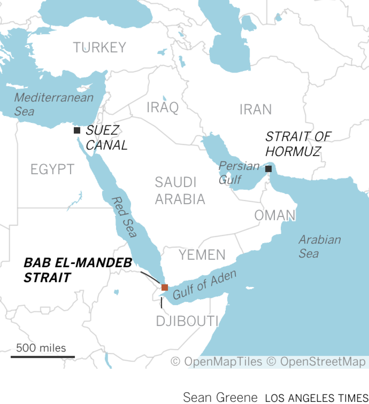 Mapa de Oriente Medio que muestra el estrecho de Bab el-Mandeb. 