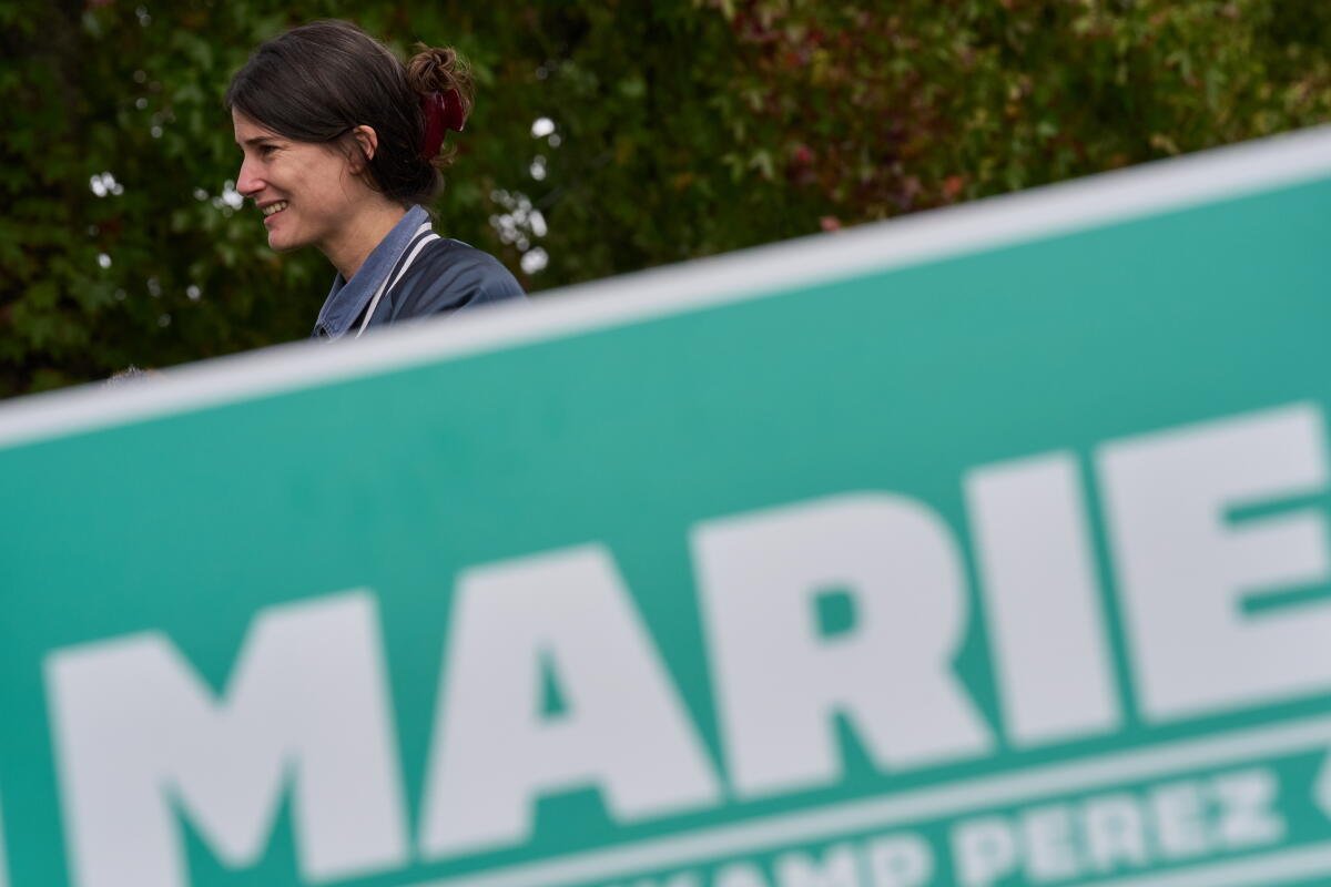 La cabeza de una mujer sonriente aparece detrás de un cartel de campaña. 