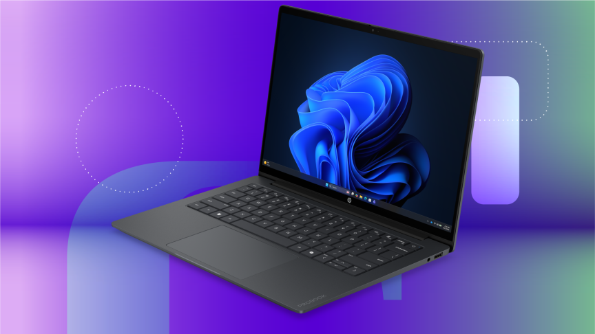 El nuevo HP ProBook 4 se encuentra abierto sobre un fondo azul violeta de CNET.