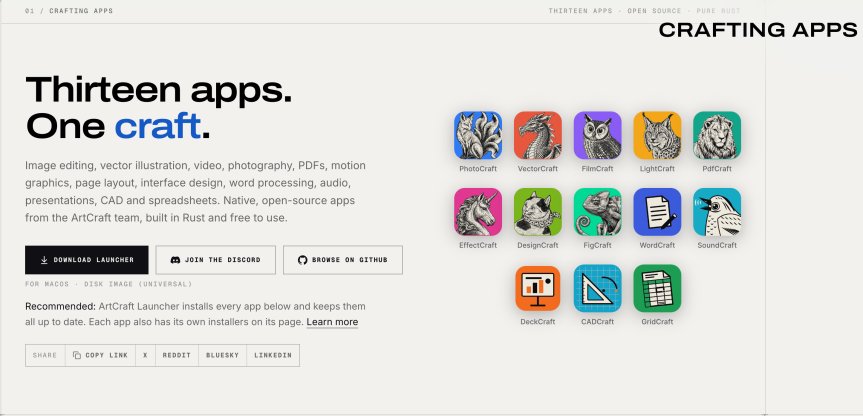 Lectura de captura de pantalla del sitio web de ArtCraft: trece aplicaciones. Una artesanía. Logotipo con aplicación