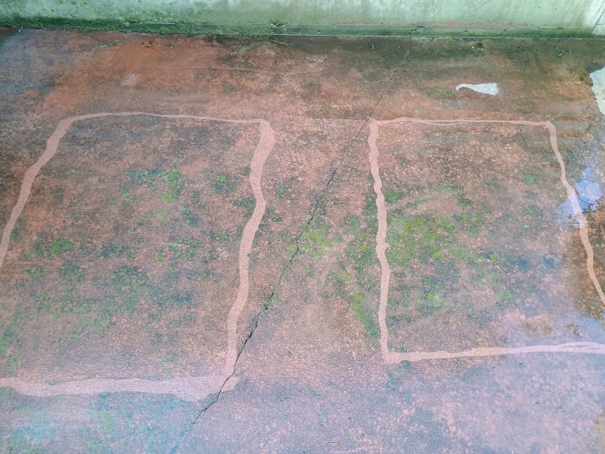 Se utilizó una hidrolavadora para delinear dos rectángulos en un patio de concreto sucio y cubierto de musgo.