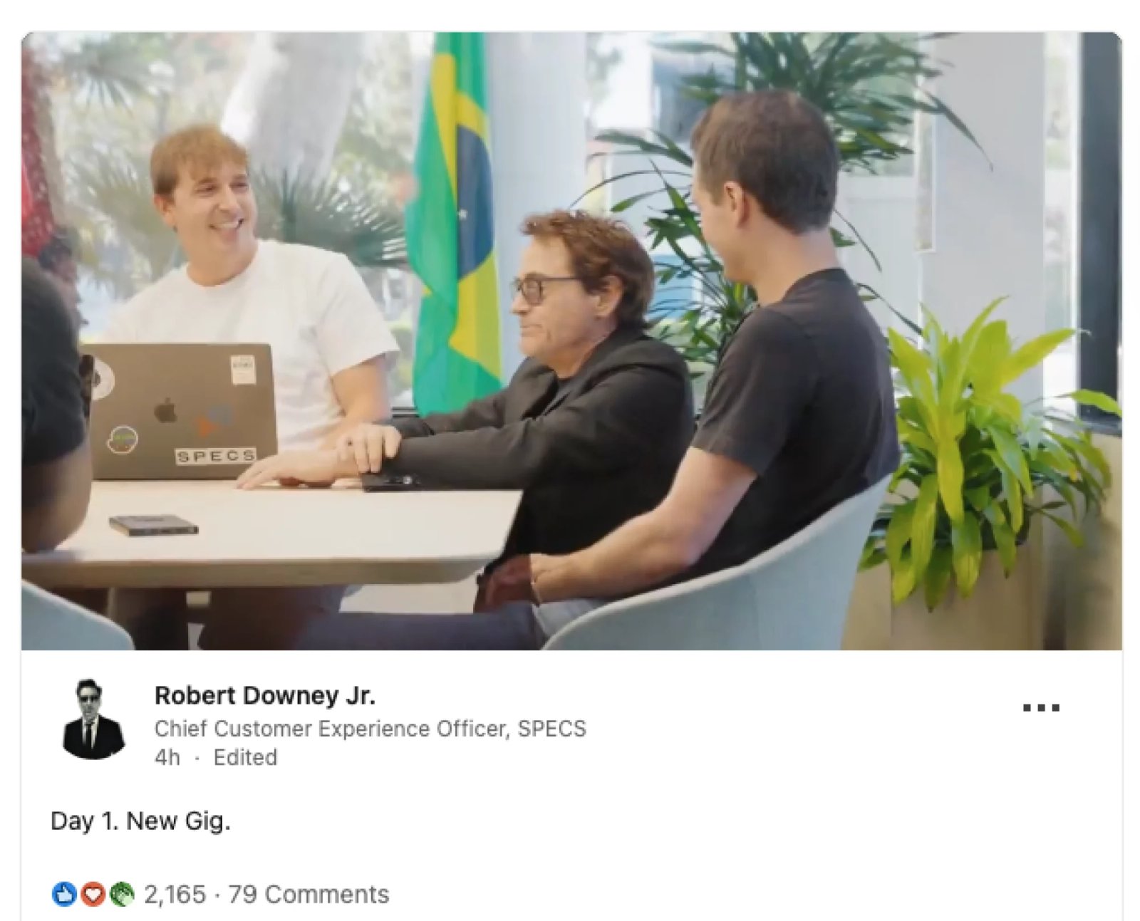 Una captura de pantalla de la publicación de LinkedIn de Robert Downey Jr.