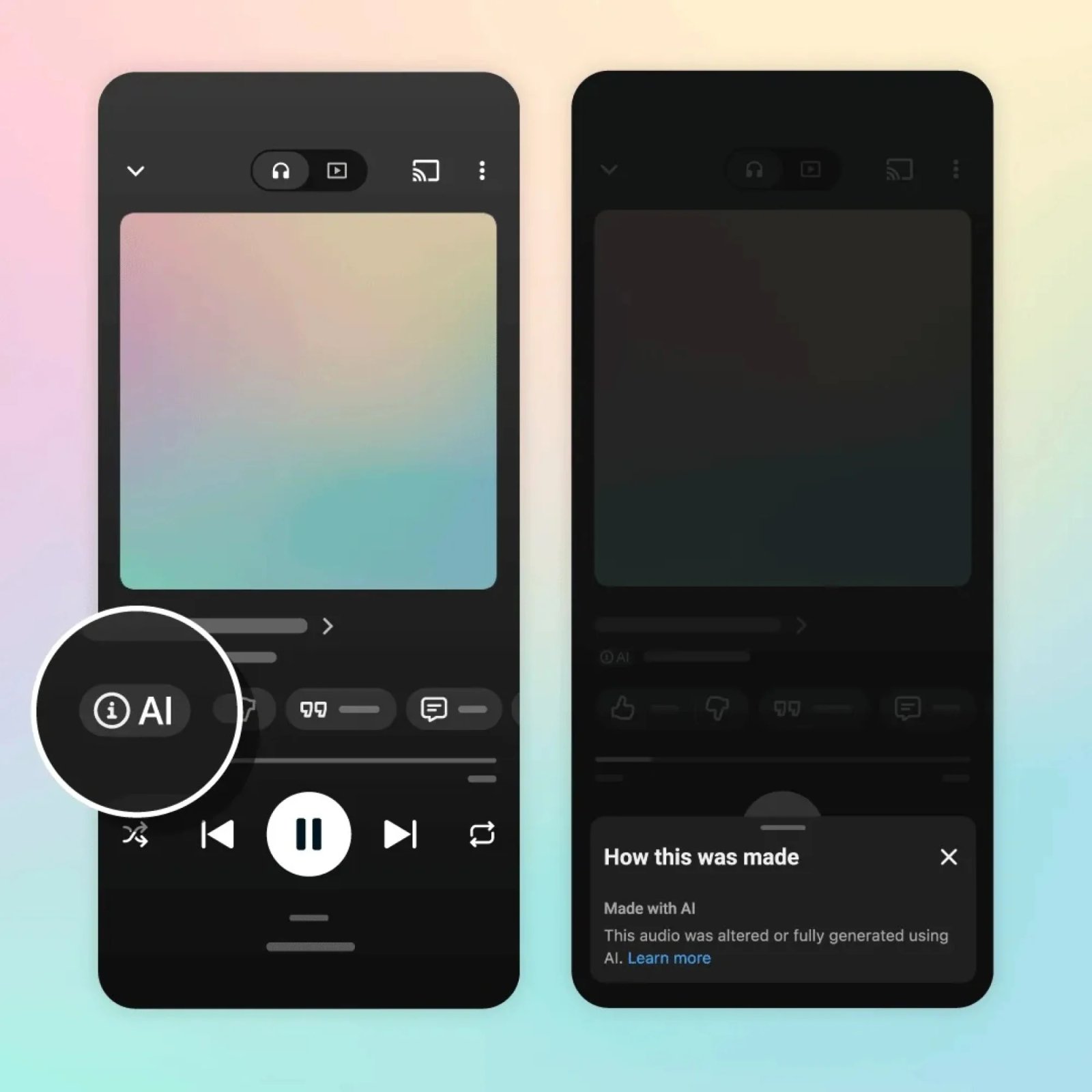 Dos pantallas de YouTube Music muestran las etiquetas de IA en el reproductor, y un panel de instrucciones explica si el audio fue alterado o generado completamente usando IA en YouTube.