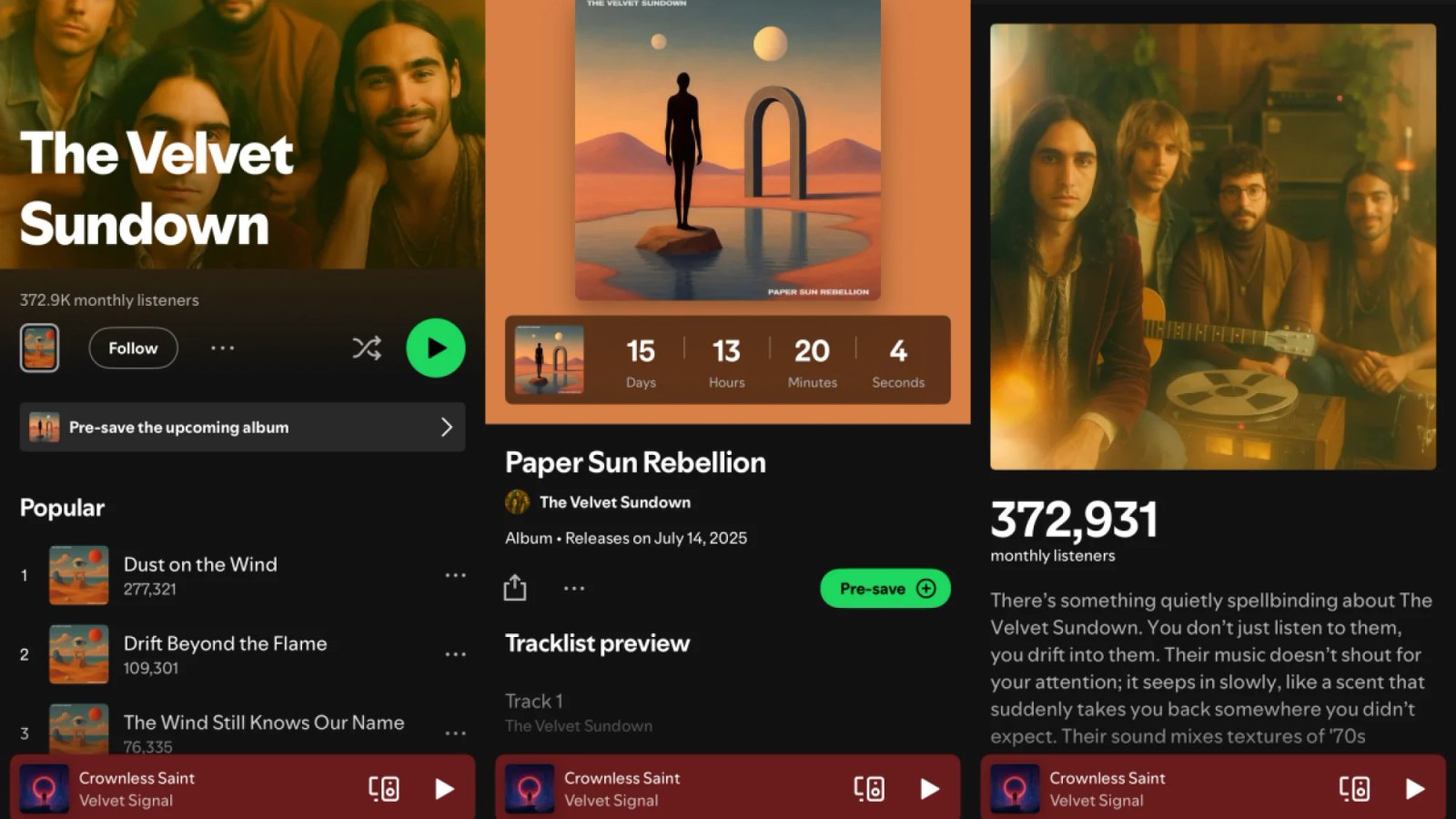 El collage del perfil de Spotify de Velvet Sundown muestra las imágenes promocionales de la banda, 372,931 oyentes mensuales y el álbum