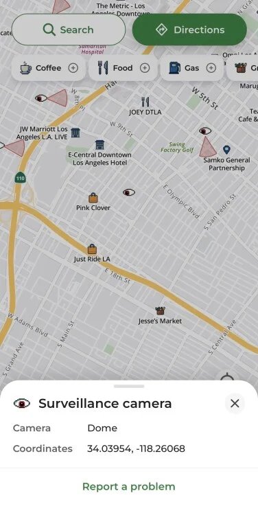 Captura de pantalla de los detalles de la cámara de seguridad en la aplicación MapQuest.
