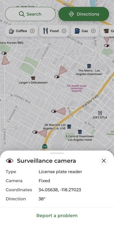 Captura de pantalla de los detalles de la cámara de seguridad en la aplicación MapQuest.